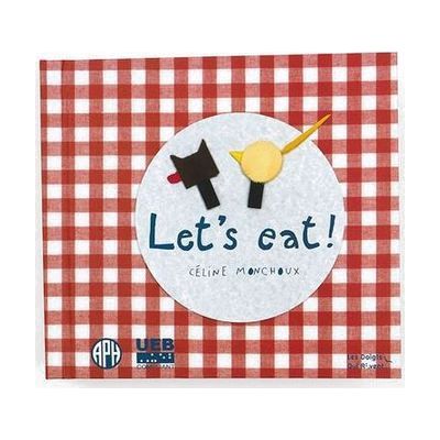 Let's Eat book cover featuring a red gingham background and a white circle with the words "let's eat"