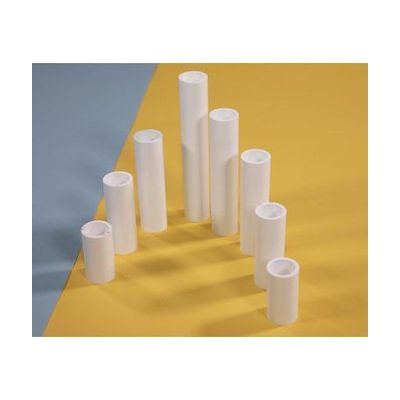 A set of weight plastic cylinders in various heights arranged in a v-shape formation on a yellow and blue background.