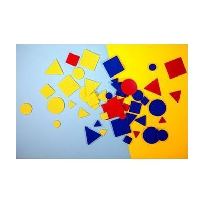 Square, triangle, and circle manipulatives in a variety of sizes and colors (red, blue, and yellow).