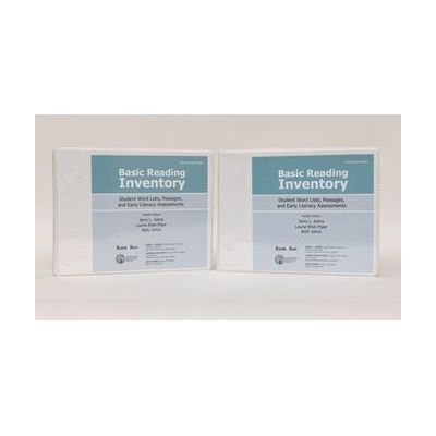 Two three-ring Basic Reading Inventory binders standing on a white background. The blue covers are labeled "Uncontracted Braille" on the left and "Contracted Braille" on the right. Both say "Basic Reading Inventory - Student Word Lists, Passages, and Early Literacy Assessments" and list the authors.