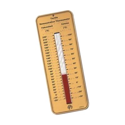 The Nemeth version of Tactile Demonstration Thermometer tilted 45 degrees on a white background. The thermometer is yellow with black labels and a red velvet temperature gauge that can be moved up and down using a clear tab that indicates the temperature. Fahrenheit is on the left, and Celsius is on the right. In the bottom right corner is a label that reads, "Nemeth."