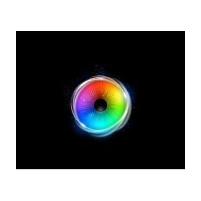 A sensory software display showing a glowing rainbow-colored eye with a black pupil.