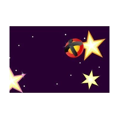 A screenshot of the Astro Adventure Ball app character Twirl in outer space among three large yellow stars. Whirl is a yellow ball with red and black ribbing.