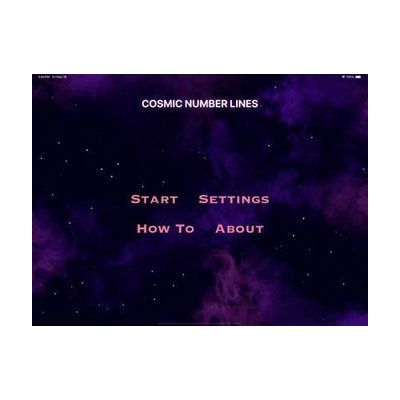 Cosmic Number Line app home screen with a blue and purple galaxy background. The options include Start, Settings, How To, and About.