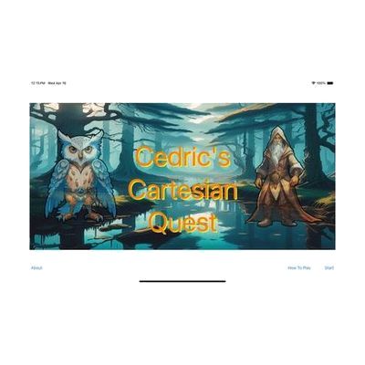 The home screen of the Cedric's Cartesian Quest app. In the center is the title in orange text. The wizard Cedric stands on the right side of the screen with his long white beard and brown wizard's robes. His armored white owl companion Aleithia is on the left. In the background is a swampy forest.