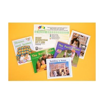 Early Braille Trade Books, Rigby Nonfiction Kit 5 UEB, Uncontracted: Animal Homes, The Berry Cake, Building a House, Houses and Homes, and The Party Clown.