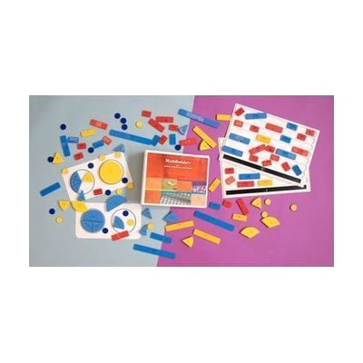 Bird's eye view of MathBuilders Unit 7 Kit: Fractions, Mixed Numbers, and Decimals spread out to show the kits’ components including tactile tokens, fraction circle trays, pie shaped fraction pieces, a guidebook, and more.