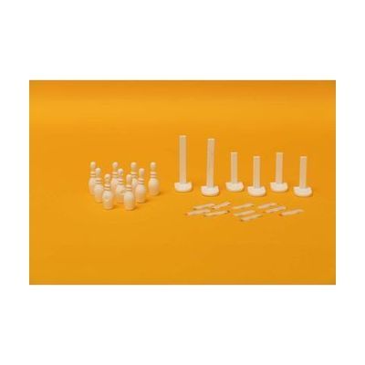 12 bowling pins arranged in a triangle, an assortment of goal posts, and several loop strips laid out on a yellow background.
