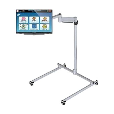 A rolling floor stand with a silver adjustable pole holding a flat-screen monitor showing a colorful icon grid.