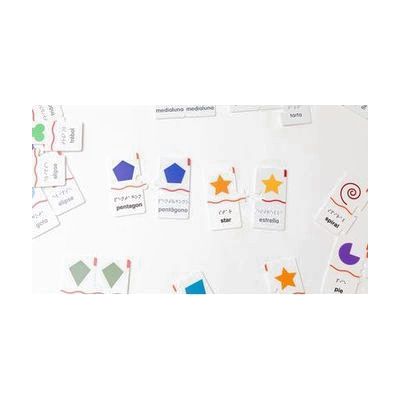 Two pairs of Memory Puzzles: Shapes with one English piece and one Spanish piece (pentagons and stars).