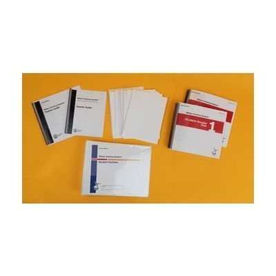 Wilson Reading System IV braille step one on a yellow background, including two volumes of the student reader 1, braille and large print versions of the teacher guide, and the braille student portfolio.