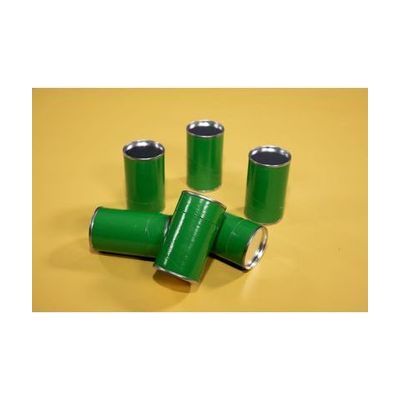 A set of six green cans with aluminum tops and bottoms arranged on a yellow background.
