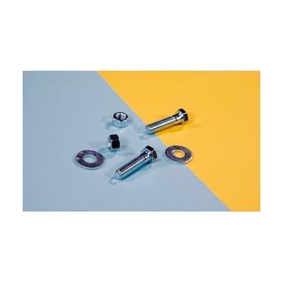 Two screws, two washers, and two bolts laid out on a yellow and light blue background.