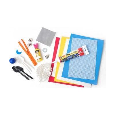 Accessories with Caulk replacement item for Tactile Connections: Symbols for Communication with assorted items including a variety of mounting cards in seven different colors and shapes, print guidebook, caulk tube, orange zipper, black and white spoons, fishing lure, steel washer, yellow puff ink, jingle bells, blue crescent shape, blue rubber ball, craft foam sheets (red, yellow, and blue), white needlepoint canvas, black plastic wire screen, adhesive-backed paper, vinyl sheets, and white hook coins/tabs.