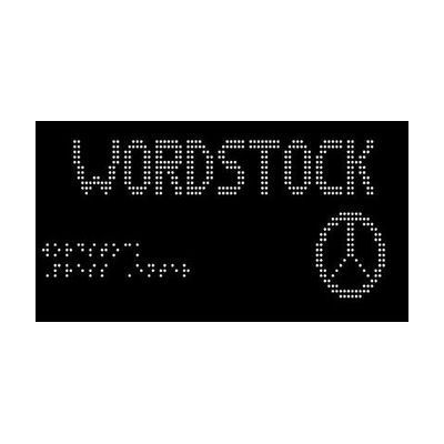 A screenshot of the Monarch Wordstock app opening screen. In large print letters, it reads "WORDSTOCK" with a tactile peace symbol in the bottom right corner. In the bottom left are braille menu options.