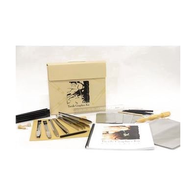 The illustrated Tactile Graphics Kit case is standing up right behind all components of the Tactile Graphics kit laid out on a white background.