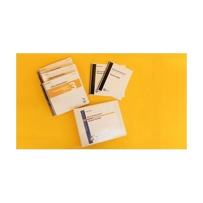 Wilson Reading System IV braille step three on a yellow background, including three volumes of the student reader 3, braille and large print versions of the teacher guide, and the braille student portfolio.