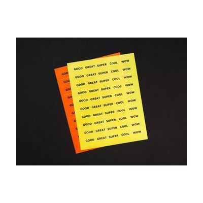 Two sheets of Feel-n-Peel stickers stacked on top of each other. The yellow sticker sheet resting on top of the orange sticker sheet, shows the following stickers with print and braille labels: Good, Great, Super, Cool, and Wow.