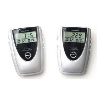 Two, white and black, walking pedometers on a white background. The pedometer on the left shows 115 steps, 0.14 miles walked, and a duration of 10 minutes and 32 seconds. The pedometer on the right, shows 229 steps, 0.28 miles walked, and a duration of 10 minutes and 32 seconds.