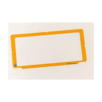 The orange plastic Monarch Masking Frame on a white background. In the bottom left corner is a small APH logo, and in the bottom right is the Monarch logo.