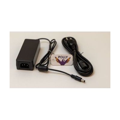 Power adapter and power cord on a white background with a Polly keychain sitting in between.