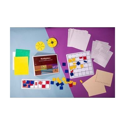 Bird's eye view of MathBuilders Unit 8 Kit: Data Collection, Graphing, and Probability/Statistics spread out to show the kits’ components including tactile graphing squares, embossed graph sheets, Feel ‘n Peel Stickers, a guidebook, and more.