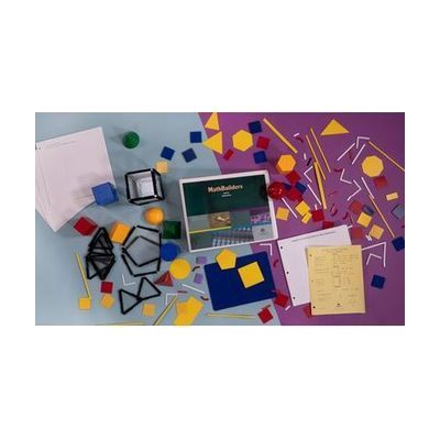 Bird's eye view of MathBuilders Unit 6 Kit: Geometry spread out to show the kits’ components including a felt board, textures shapes with hook/loop material backing, 3-D shapes, a guidebook, and more.