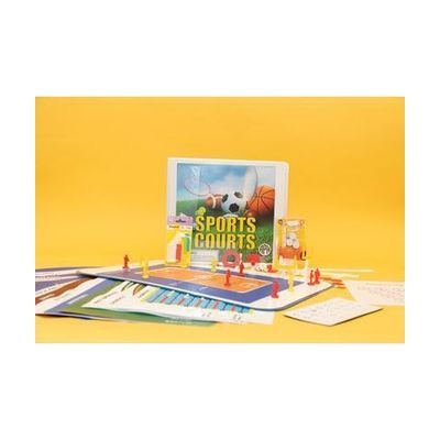 Sports Courts kit components laid out against a yellow background. On top of a stack of tactile court layouts, the floor hockey court has been attached to the magnetic board. Yellow and red 3D players are positioned around the court.