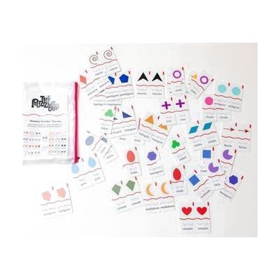 The 52 pairs of Memory Puzzles: Shapes (Spanish) spread out on a white background next to the pouch they come in.