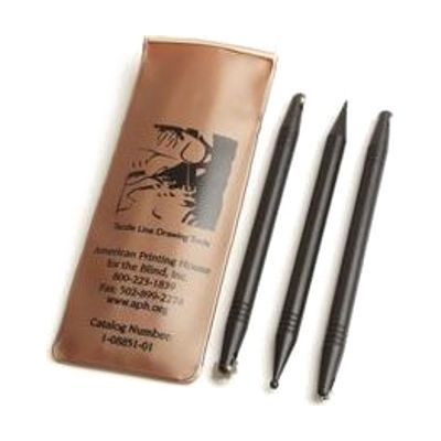 Three black line-drawing tools laid out parallel to the "Tactile Line Drawing Tools" pouch. Each tool is shaped like a pencil with a line-drawing instrument at both ends.