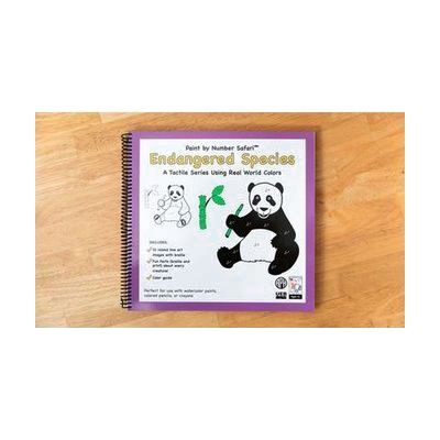 A spiral bound braille book with an illustration of a panda on the cover. It's holding a bamboo shoot. At the top it says "Paint by Numbers Endangered Species"