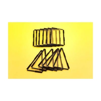 Six clear plastic rectangles with black Velcro borders in a fanned-out stack against a yellow background above six clear isosceles triangle pieces with the same type of border. These are the pieces included in this Geometro pack.