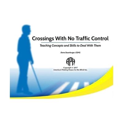 Cover image for Crossings With No Traffic Control, showing a silhouette of a person with a cane on a blue gradient background.