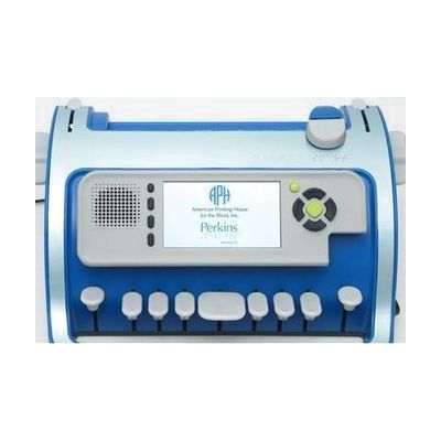 The front of the SMART Brailler showing the startup screen with the APH and Perkins logos.