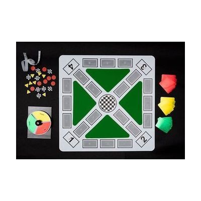 Color Raceway game board, pieces, reflective color cards and spinner on black background