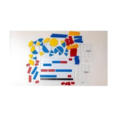 An overhead shot of all the bright red, yellow, and blue fraction pieces as well as the braille labels and white fraction bar tray all laid out on a white background.