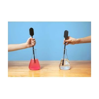 Two students each holding a SALS probe with the tip immersed in a flask filled with colored fluid on the left and clear fluid on the right.