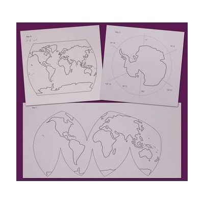 three paper maps of the earth and continents