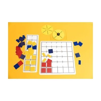 All the components of the MathBuilders Statistics kit laid out on a yellow background. There are two white graphing grid trays, two yellow spinners, and a variety of yellow, red, and blue tiles.