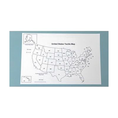 A raised-line black and white paper map of the United States with braille labels on a blue background.
