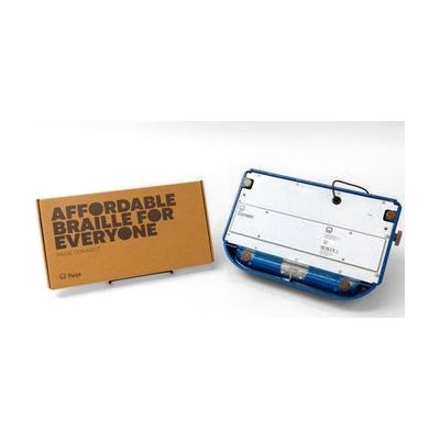 On the right side of the image is a blue Perkins light touch braille writer turned upside down to show the Paige Connect board connected to the base. On the left is the Paige Connect cardboard box that says "Affordable Braille for Everyone."
