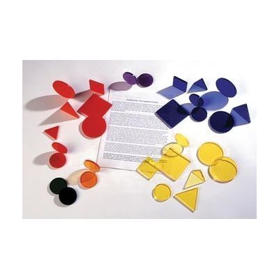 blue, yellow, and red plexiglass pieces in squares, rectangles, and circles on a white surface.