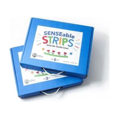A top-down view of the two blue boxes included in the SENSEable STRIPS kit. In colorful graphic text, the label reads "SENSEable STRIPS Stick-on Tactile Lines." Graphic representations of the textured strips are positioned around the word "STRIPS" like rays of sunshine. Below the text is an illustration of two yellow and blue butterflies on either side of four red geometric flowers.