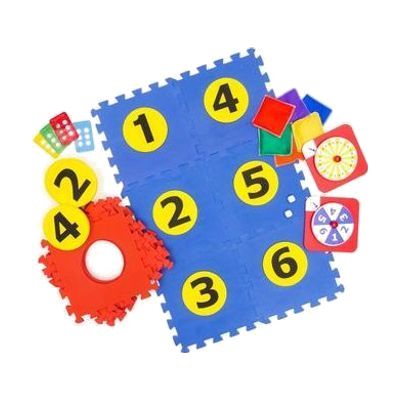 All the pieces of the Hop-a-Dot kit arranged on a white background. In the center are six interlocking foam squares with yellow numbered circles inserted to resemble a braille cell.