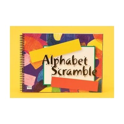 Cover of Alphabet Scramble with UEB icon in the bottom left. The cover contains a variety of colorful graphic shapes that look like crayon drawings beneath a white box containing the title "Alphabet Scramble."