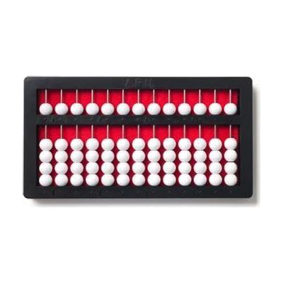 abacus with white beads, a red background, and a black frame, organized appearance