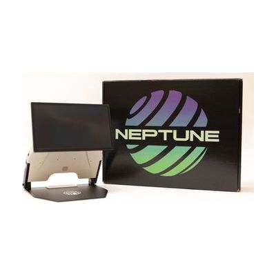 An opened Neptune device next to the black branded Neptune box. The device is white with a black base and a black monitor. The box has a purple and green graphic that reads, "NEPTUNE."