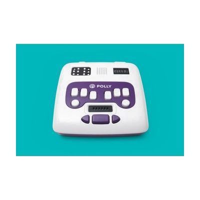 Overhead view of APH Polly device showing large and standard braille cells, a six-dot braille keyboard, electronic slate, and navigation keys. The device is over a teal background.