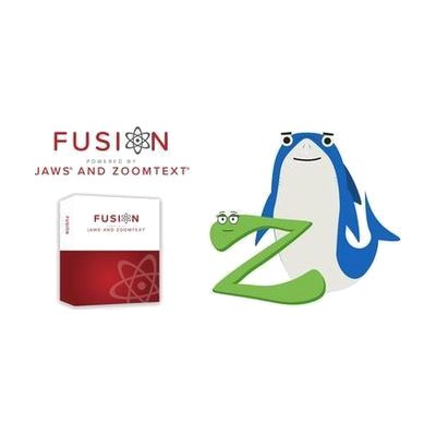 On the left is the Fusion logo with text that reads, "Powered by JAWS and ZoomText." Below is a rendering of Fusion software in its packaging. On the right are the mascots for JAWS, Sharky the blue shark, and ZoomText, Zoomy who is a green letter Z.