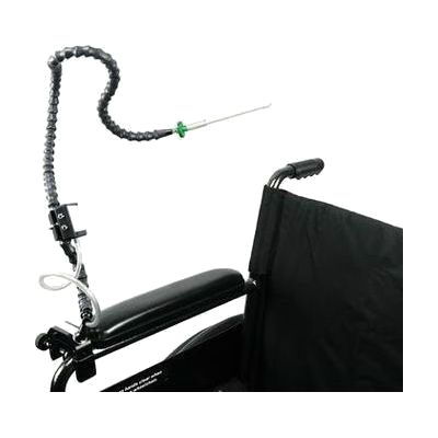 Black chair with a sip and puff switch attachment.